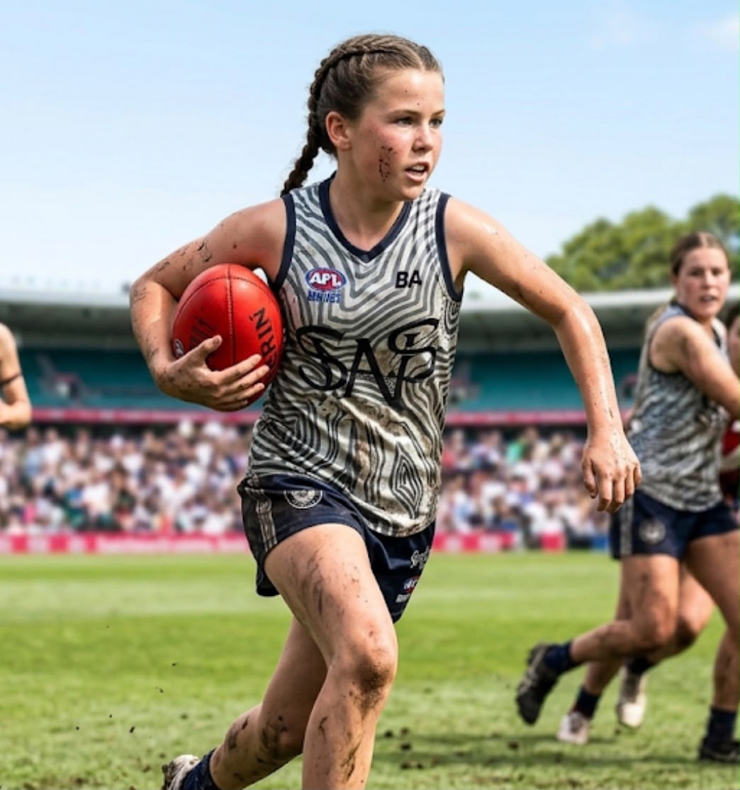 Young female Australian rules football player carrying the ball during a match